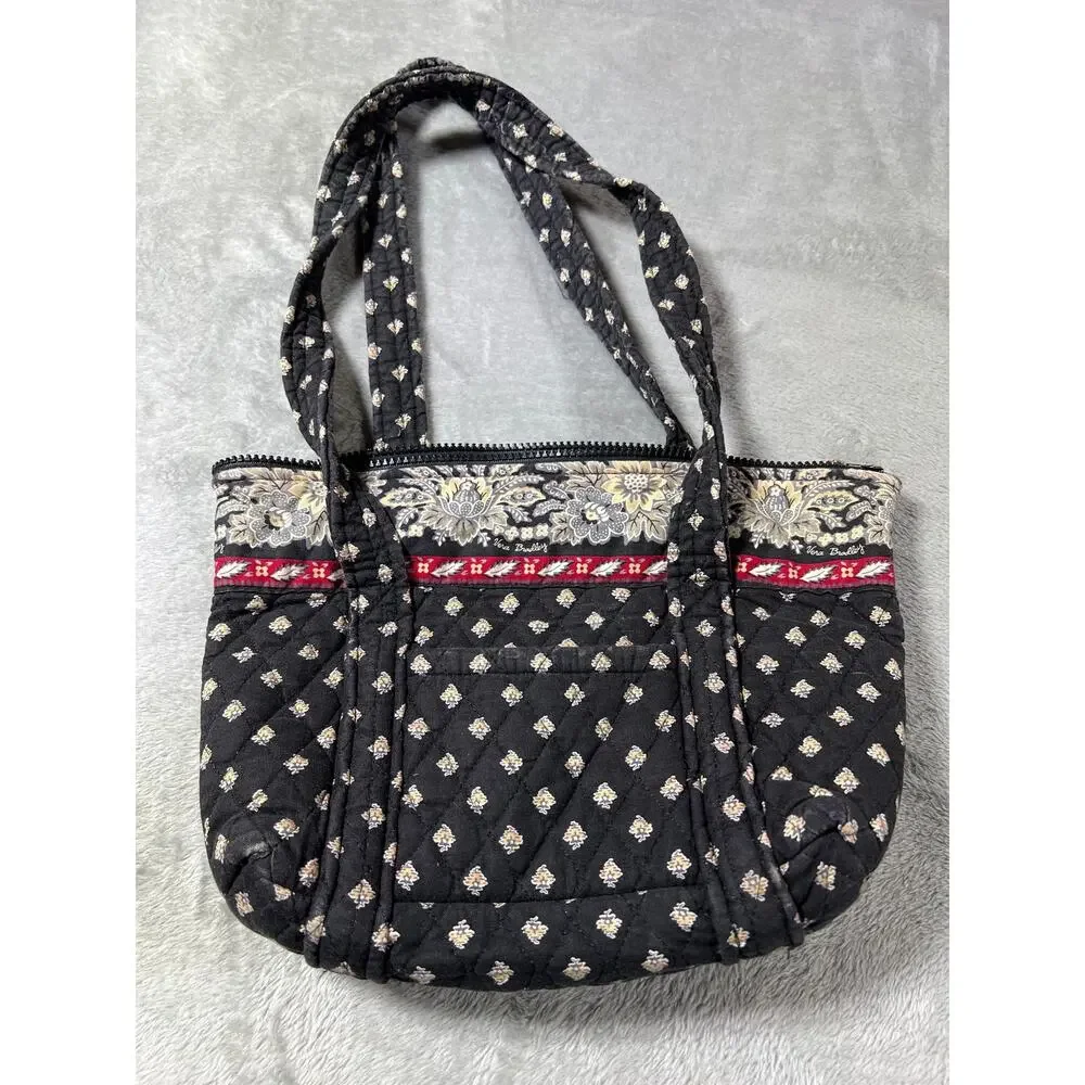 Rare Vtg Black Floral Vera Bradley Classic Medium Tote Quilted Retired 2002